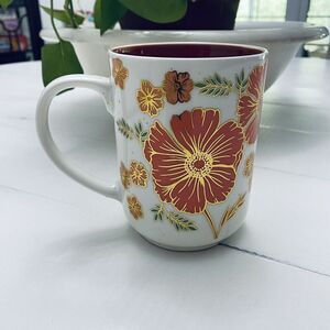 Seeds and Sunshine Poppy Metallic Floral Ceramic Coffee Mug  Retro 70s